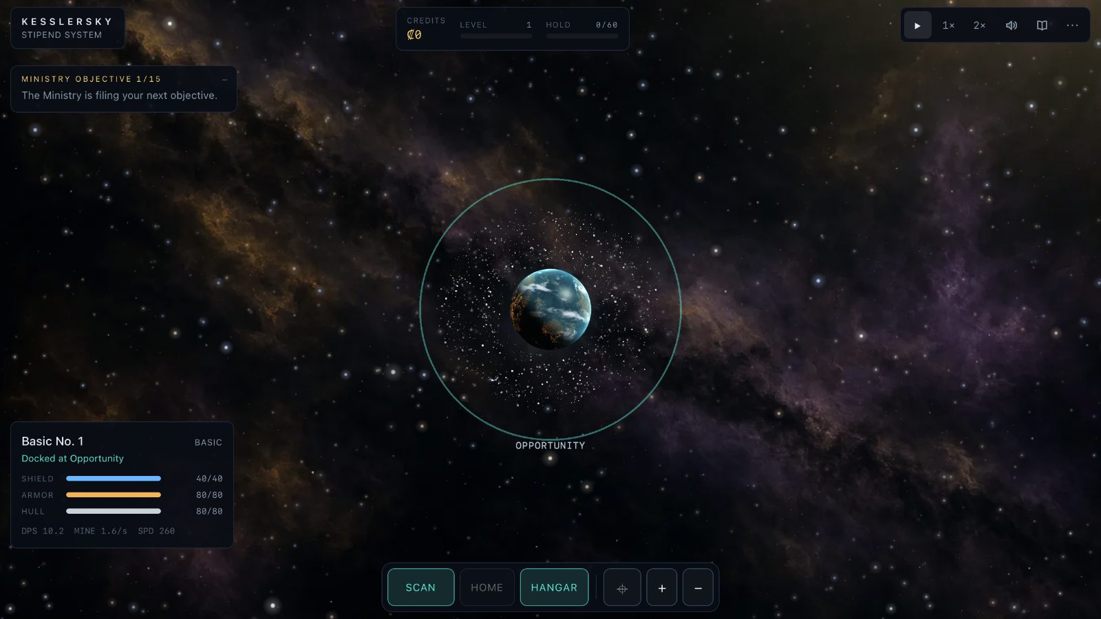 Opportunity, the home planet, inside its ring of wreckage, with the game's map and ship card.